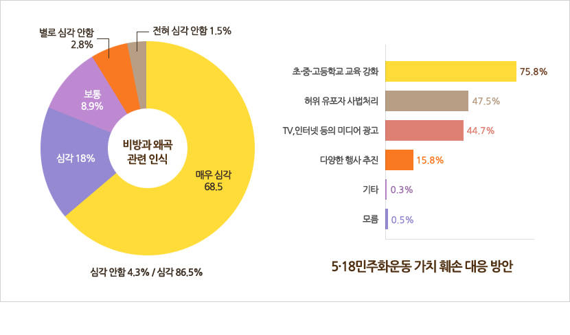 비방과 왜곡 관련 인식-전혀 심각 안함 1.5%,별로 심각 안함 2.8%,보통 8.9%,심각 18%,매우 심각 68.5%로 전체 심각 안함이 4.3%, 심각이 86.5%/5·18민주화운동 가치 훼손 대응 방안-초·중·고등학교 교육 강화 75.8%,허위 유포자 사법처리 47.5%,TV,인터넷 등의 미디어 광고 44.7%,다양한 행사 추진 15.8%,기타 0.3%,모름 0.5%